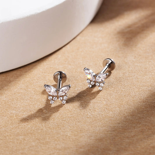 G23 Titanium 16G Internally Threaded High Polish Dainty Butterfly Silver Flat Back Stud