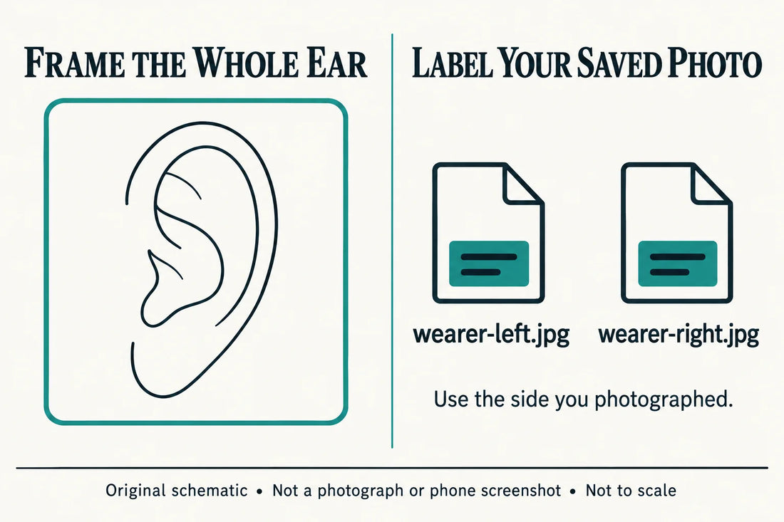 Original schematic of a whole ear inside a framing box, beside separate wearer-left and wearer-right photo filename examples; not a photograph or phone screenshot.