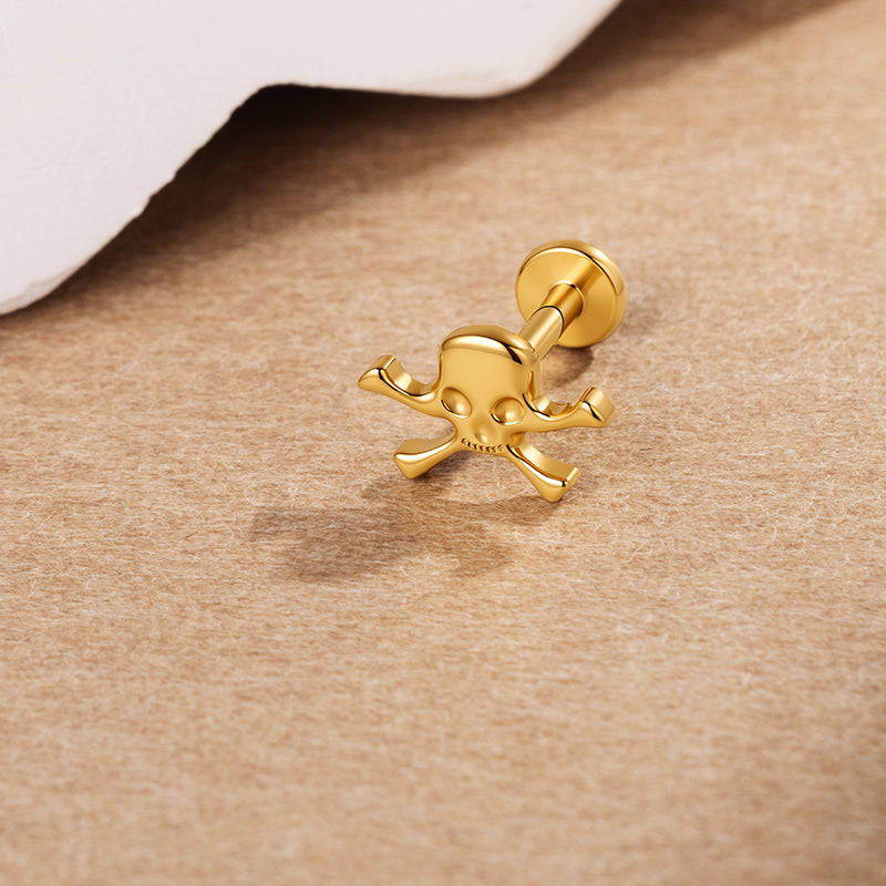 G23 Titanium 18K Gold PVD 16G Internally Threaded Gothic Skull Flat Back Stud