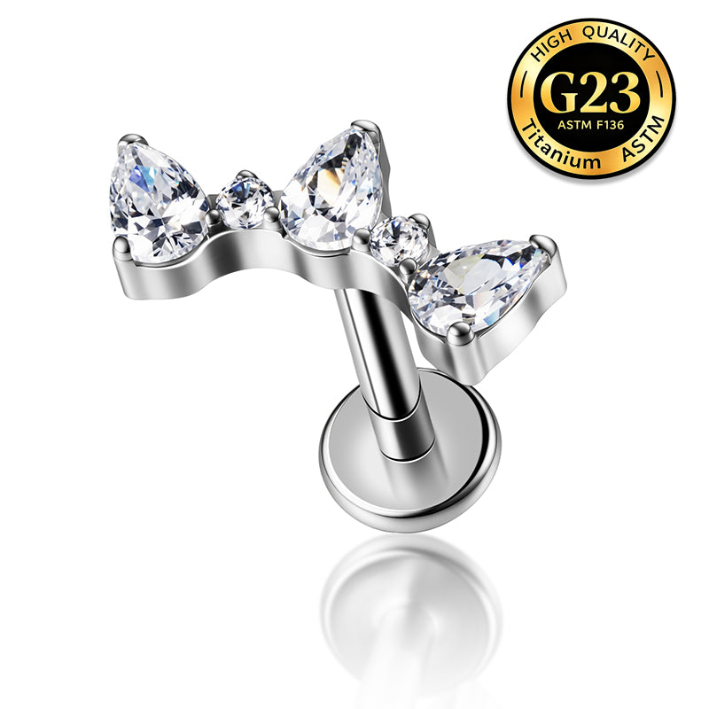 G23 Titanium 16G Internally Threaded High Polish Dainty Pear Cluster Silver Flat Back Stud