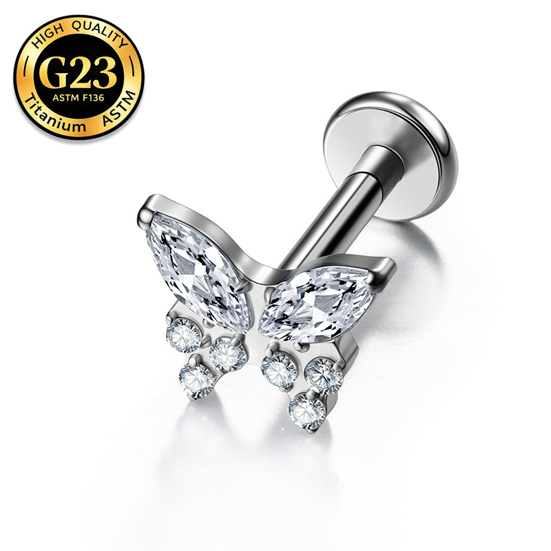 G23 Titanium 16G Internally Threaded High Polish Dainty Butterfly Silver Flat Back Stud