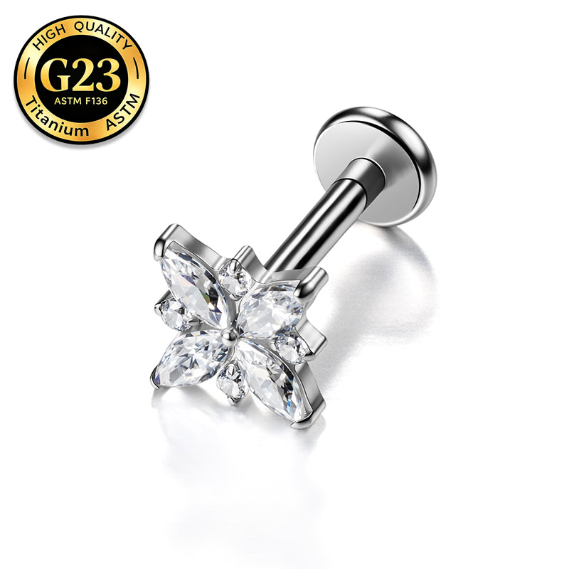 G23 Titanium 16G Internally Threaded High Polish Dainty Four Petal Flower Silver Flat Back Stud