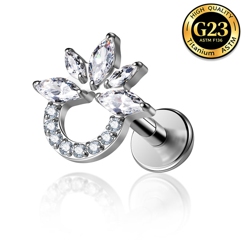 G23 Titanium 16G Internally Threaded High Polish Elegant Floral Wreath Silver Flat Back Stud
