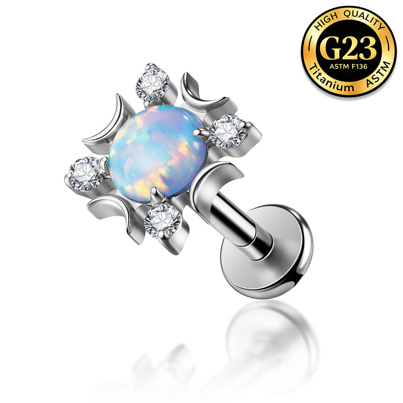 G23 Titanium 16G Internally Threaded High Polish Celestial Opal Sun Silver Flat Back Stud