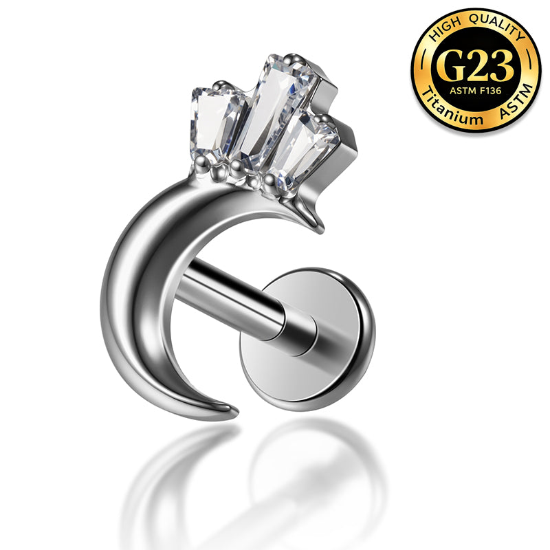 G23 Titanium 16G Internally Threaded High Polish Celestial Crescent Moon Silver Flat Back Stud