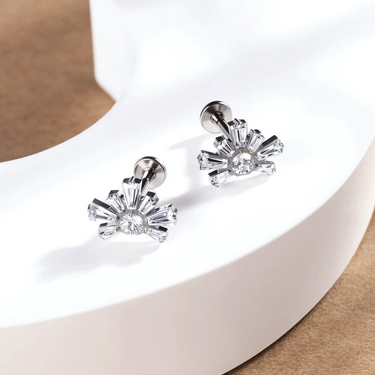 G23 Titanium 16G Internally Threaded High Polish Radiant Baguette Snowflake Silver Flat Back Stud