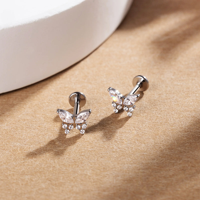 G23 Titanium 16G Internally Threaded High Polish Dainty Butterfly Silver Flat Back Stud