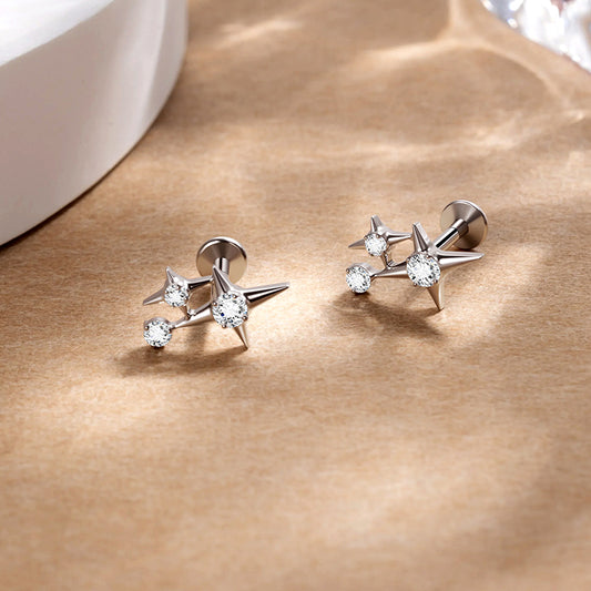 G23 Titanium 16G Internally Threaded High Polish Celestial Triple Star Silver Flat Back Stud