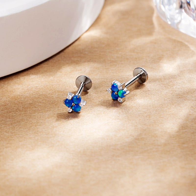G23 Titanium 16G Internally Threaded High Polish Dainty Triple Opal Silver Flat Back Stud