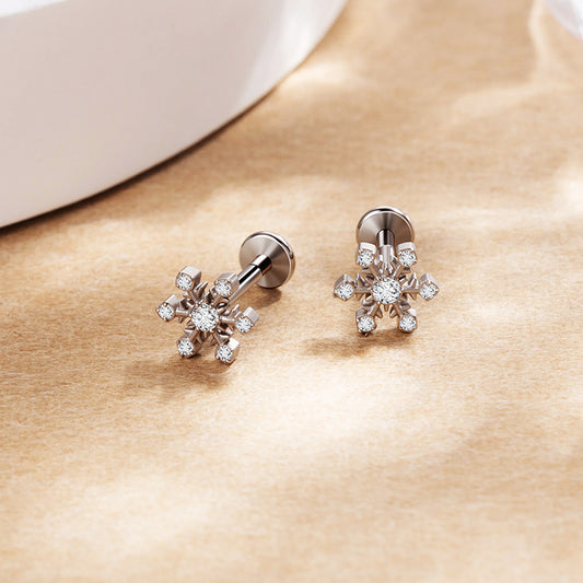 G23 Titanium 16G Internally Threaded High Polish Sparkling Crystal Snowflake Silver Flat Back Stud