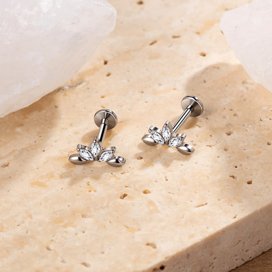G23 Titanium 16G Internally Threaded High Polish Botanical Laurel Leaf Silver Flat Back Stud