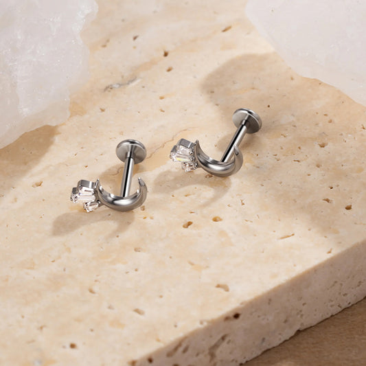 G23 Titanium 16G Internally Threaded High Polish Celestial Crescent Moon Silver Flat Back Stud