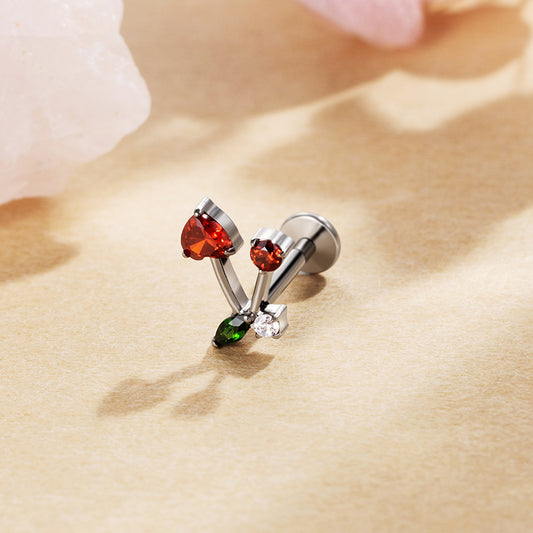 G23 Titanium 16G Internally Threaded High Polish Cute Cherry Silver Flat Back Stud
