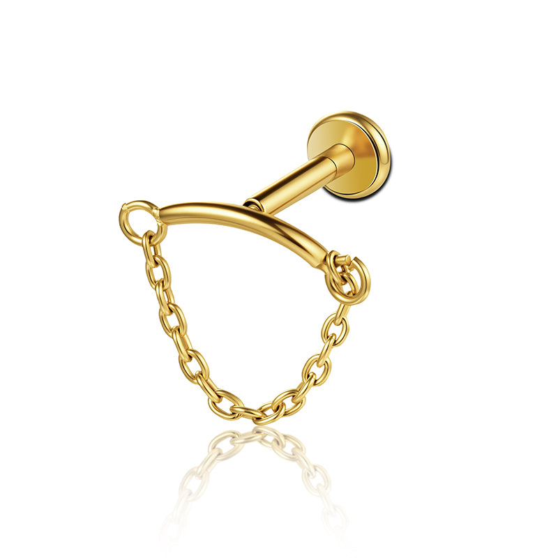 G23 Titanium 16G Internally Threaded Curved Bar Chain Dangle Gold PVD Flat Back Stud
