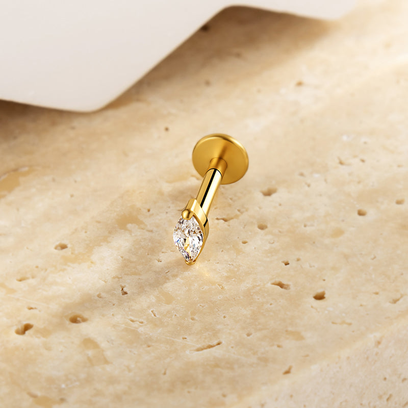 G23 Titanium 16G Internally Threaded Glam Marquise Cut CZ Gold PVD Flat Back Stud