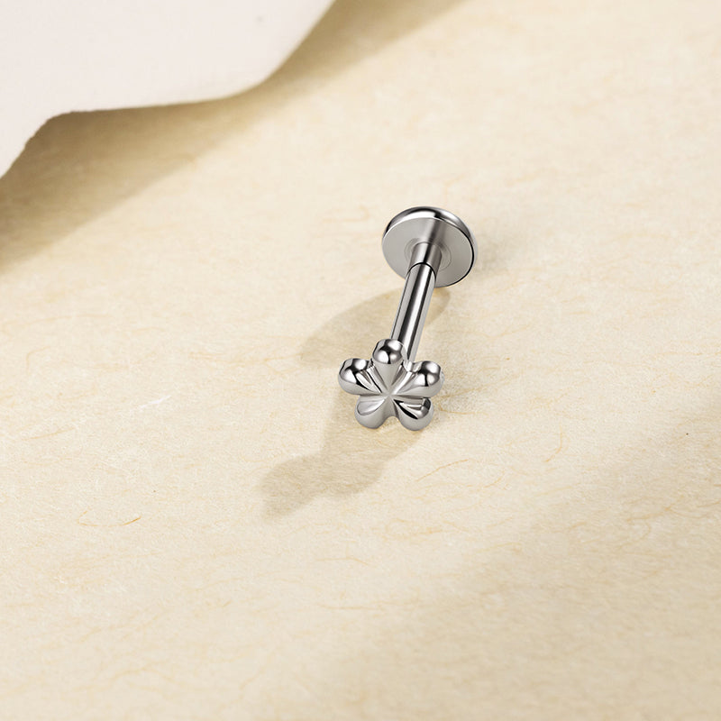 G23 Titanium 16G Internally Threaded High Polish Plumeria Flower Silver Flat Back Stud