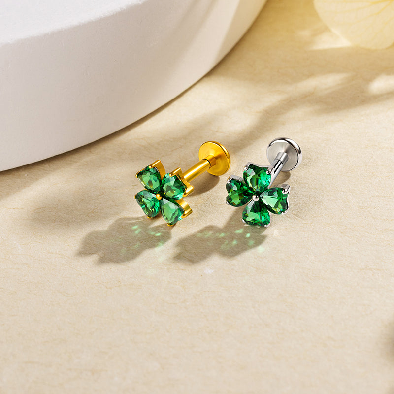 G23 Titanium 16G Internally Threaded Glam Heart Cut Green Clear Purple CZ Four Leaf Clover Gold PVD Flat Back Stud