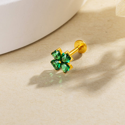 G23 Titanium 16G Internally Threaded Glam Heart Cut Green Clear Purple CZ Four Leaf Clover Gold PVD Flat Back Stud