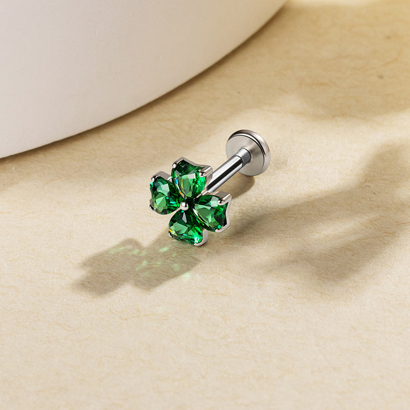 G23 Titanium 16G Internally Threaded Glam Heart Cut Green Clear Purple CZ Four Leaf Clover Gold PVD Flat Back Stud
