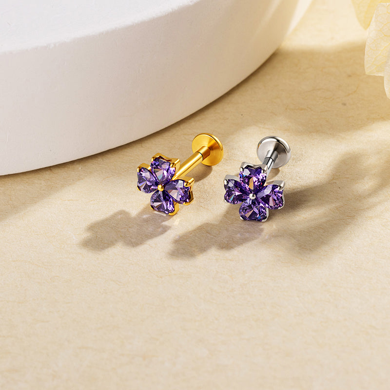G23 Titanium 16G Internally Threaded Glam Heart Cut Green Clear Purple CZ Four Leaf Clover Gold PVD Flat Back Stud