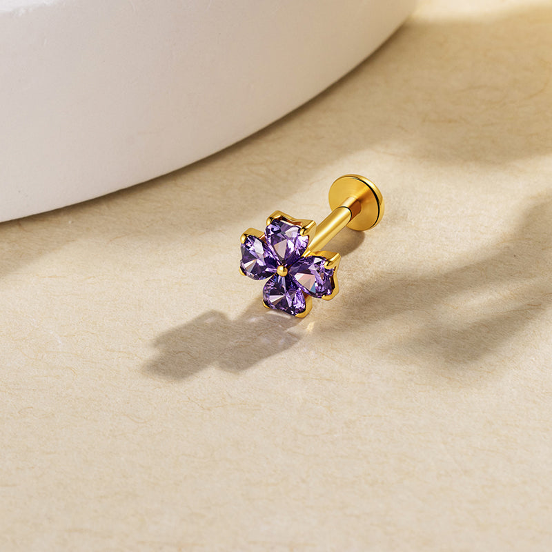G23 Titanium 16G Internally Threaded Glam Heart Cut Green Clear Purple CZ Four Leaf Clover Gold PVD Flat Back Stud