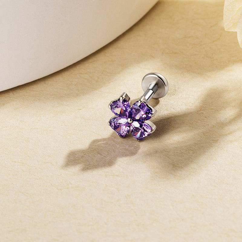 G23 Titanium 16G Internally Threaded Glam Heart Cut Green Clear Purple CZ Four Leaf Clover Gold PVD Flat Back Stud