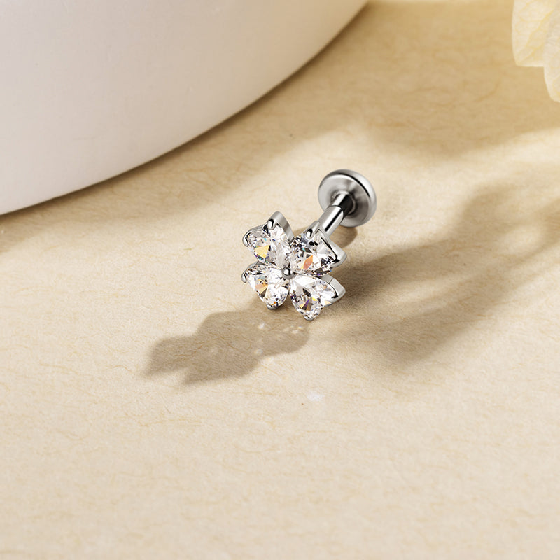 G23 Titanium 16G Internally Threaded Glam Heart Cut Green Clear Purple CZ Four Leaf Clover Gold PVD Flat Back Stud