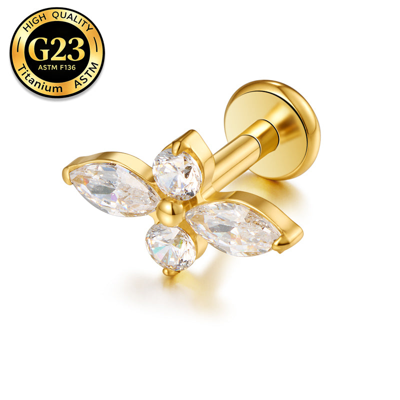 G23 Titanium 16G Internally Threaded Minimalist Mixed Cut CZ Flower Gold PVD Flat Back Stud