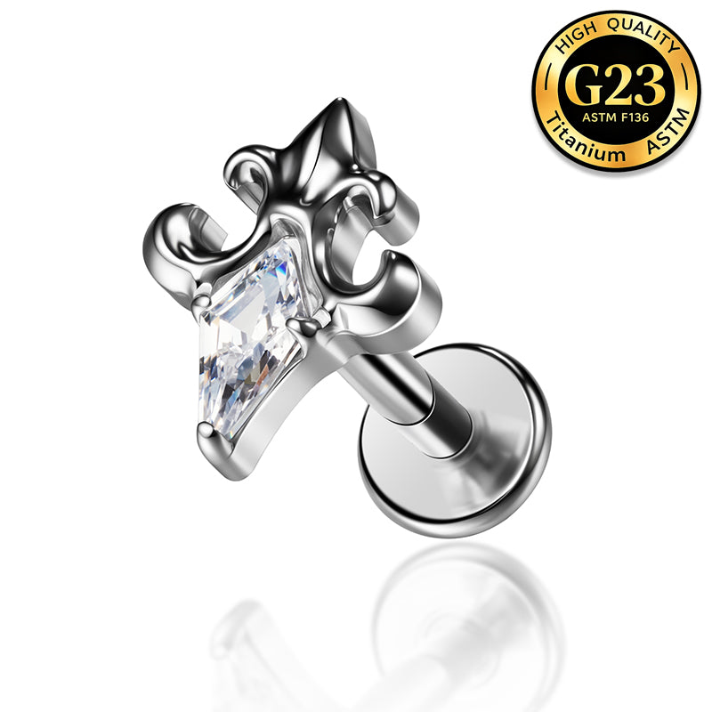 G23 Titanium 16G Internally Threaded High Polish Gothic Fleur-de-Lis Cross Silver Flat Back Stud
