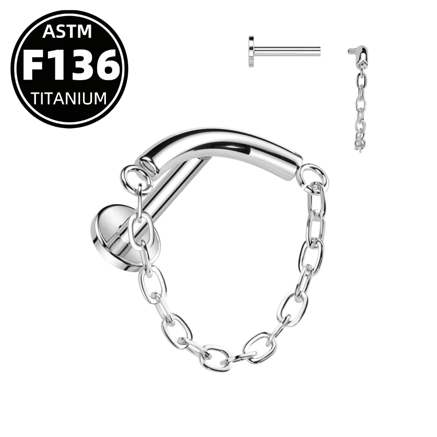 G23 Titanium 16G Internally Threaded Curved Bar Chain Dangle Gold PVD Flat Back Stud