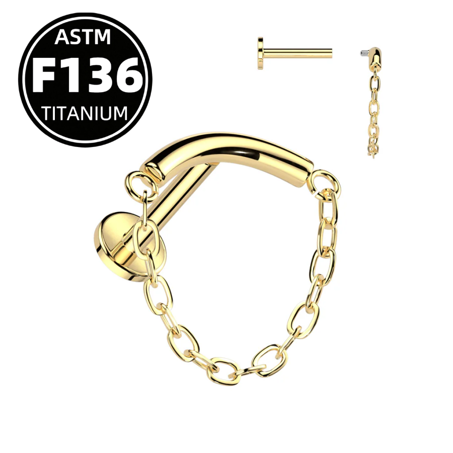 G23 Titanium 16G Internally Threaded Curved Bar Chain Dangle Gold PVD Flat Back Stud
