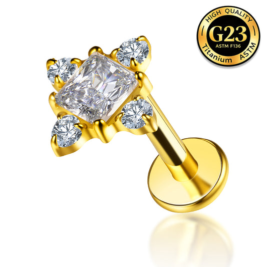 G23 Titanium 18K Gold PVD 16G Internally Threaded Glam Radiant Cut CZ Flat Back Stud