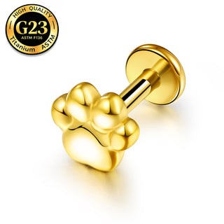 G23 Titanium 18K Gold PVD 16G Paw Print Flat Back Labret Stud