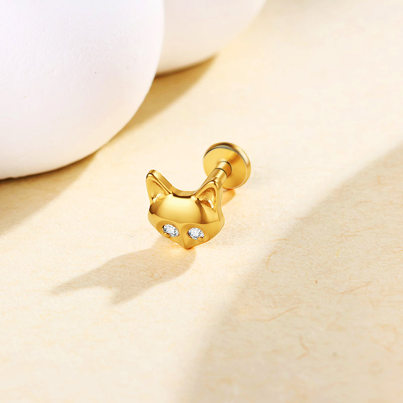 G23 Titanium 18K Gold PVD 16G Internally Threaded Fox Head CZ Flat Back Stud