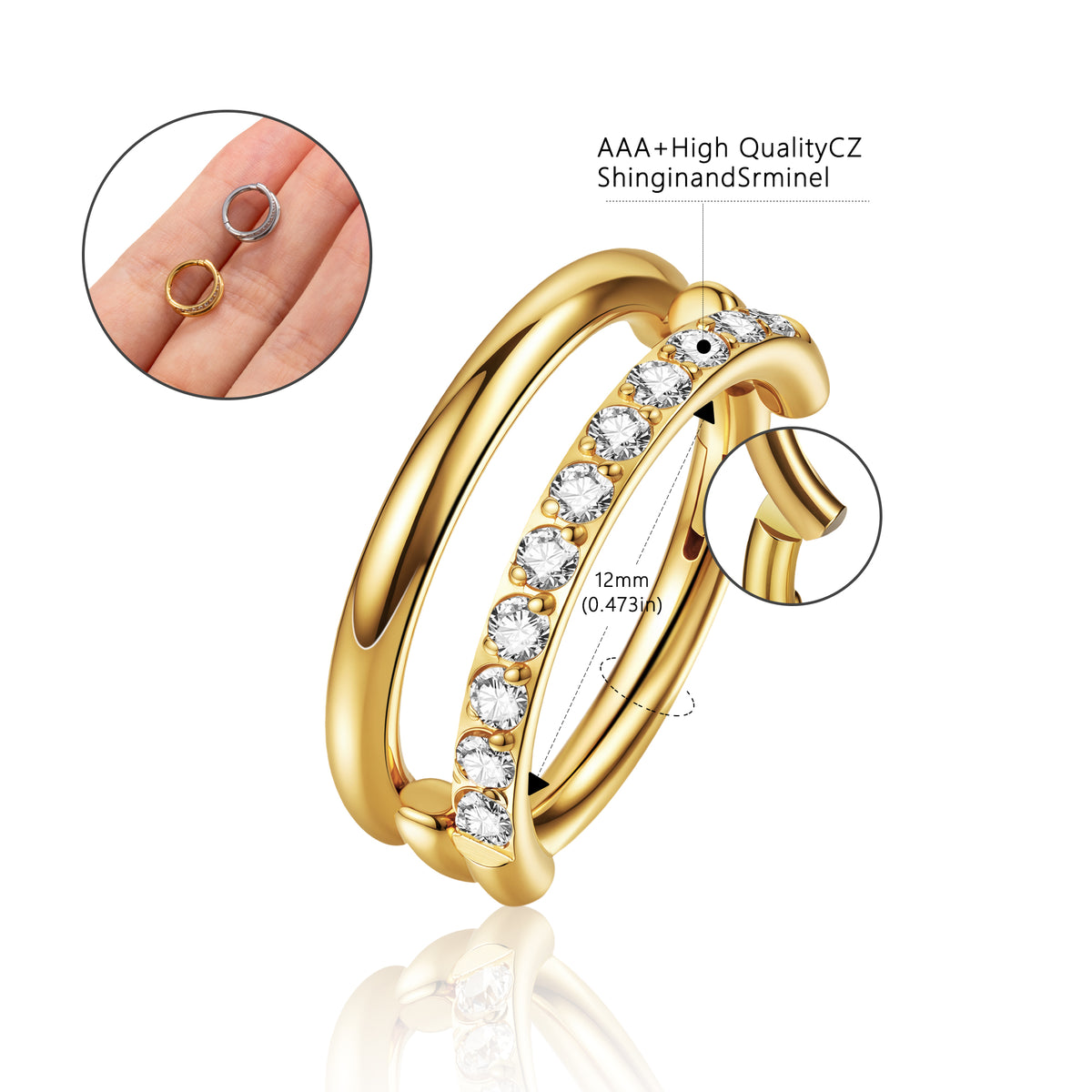 G23 Titanium 16G Double Hoop Pavé 18K Gold PVD CZ Clicker Hoop Ring
