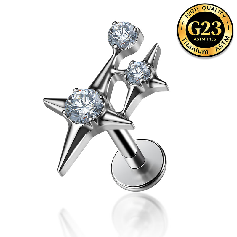 G23 Titanium 16G Internally Threaded High Polish Celestial Triple Star Silver Flat Back Stud