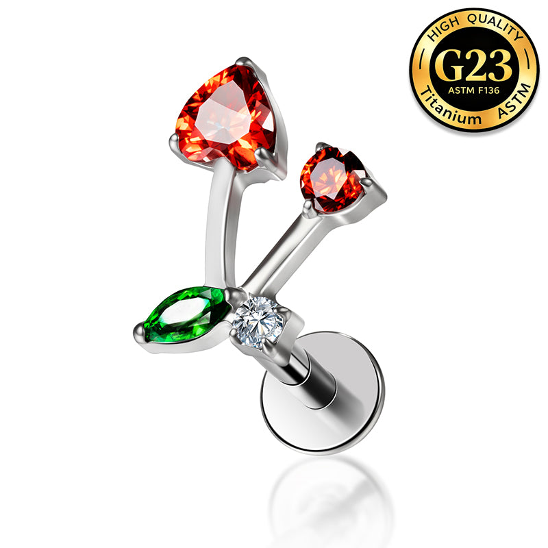 G23 Titanium 16G Internally Threaded High Polish Cute Cherry Silver Flat Back Stud