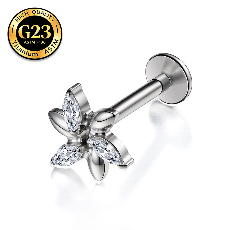 G23 Titanium 16G Internally Threaded High Polish Elegant Lily Silver Flat Back Stud