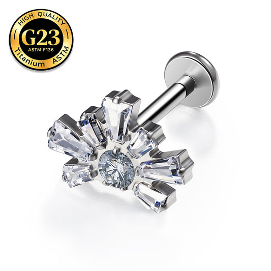 G23 Titanium 16G Internally Threaded High Polish Radiant Baguette Snowflake Silver Flat Back Stud