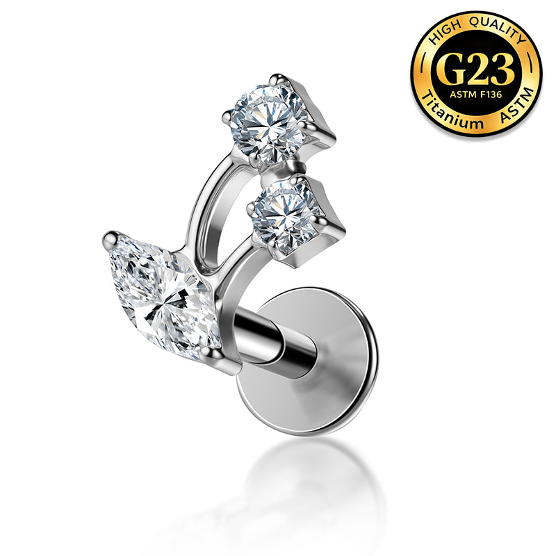 G23 Titanium 16G Internally Threaded High Polish CZ Climbing Leaf Silver Flat Back Stud