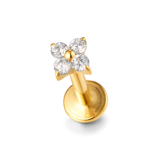 G23 Titanium 18K Gold PVD 16G Internally Threaded CZ Four Petal Flower Flat Back Stud