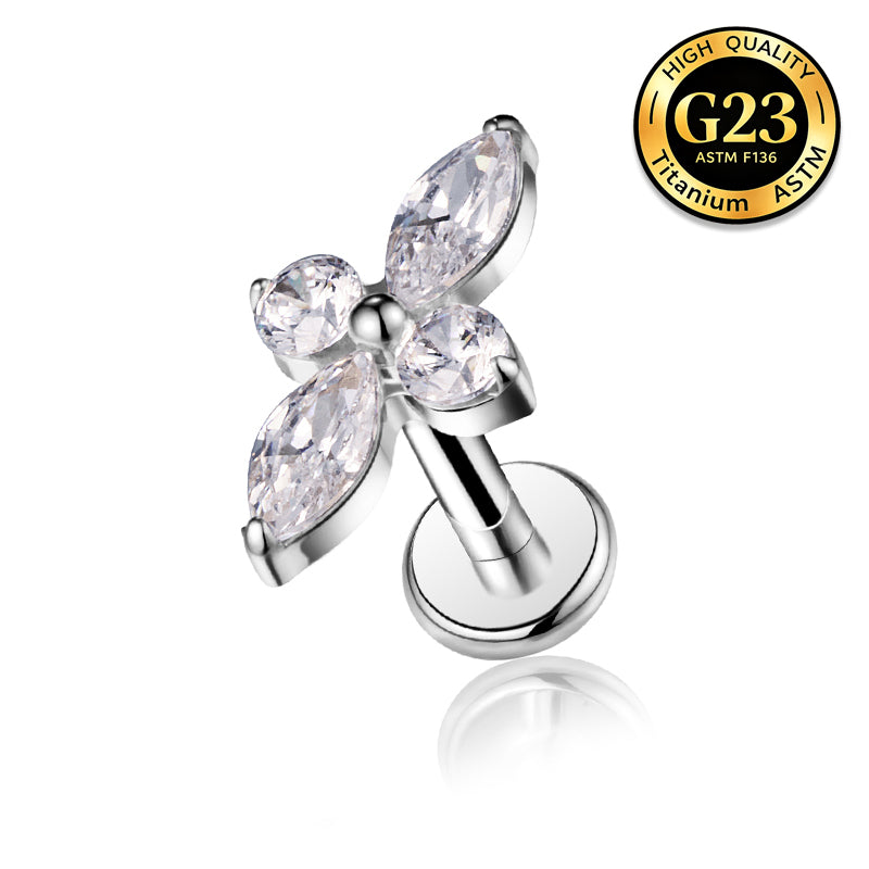 G23 Titanium 18K Gold PVD 16G Internally Threaded Minimalist Mixed Cut CZ Flower Flat Back Stud
