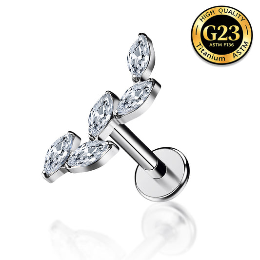 G23 Titanium 16G Internally Threaded High Polish Elegant Laurel Branch Silver Flat Back Stud