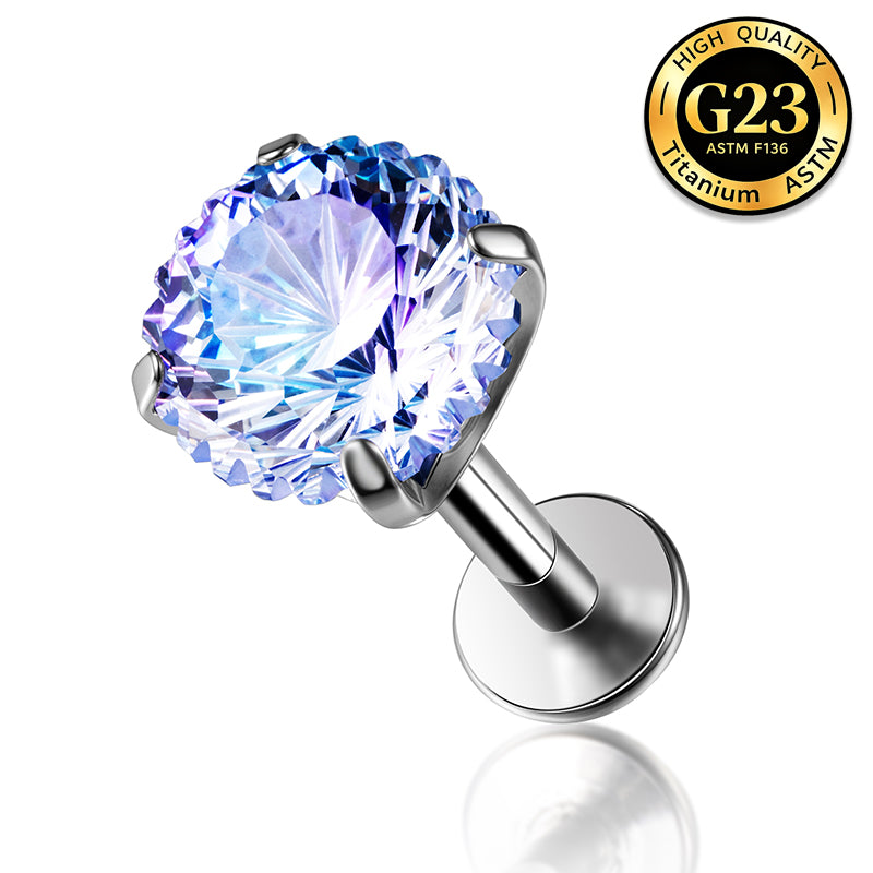 G23 Titanium 16G Internally Threaded High Polish Sparkling Starburst CZ Silver Flat Back Stud