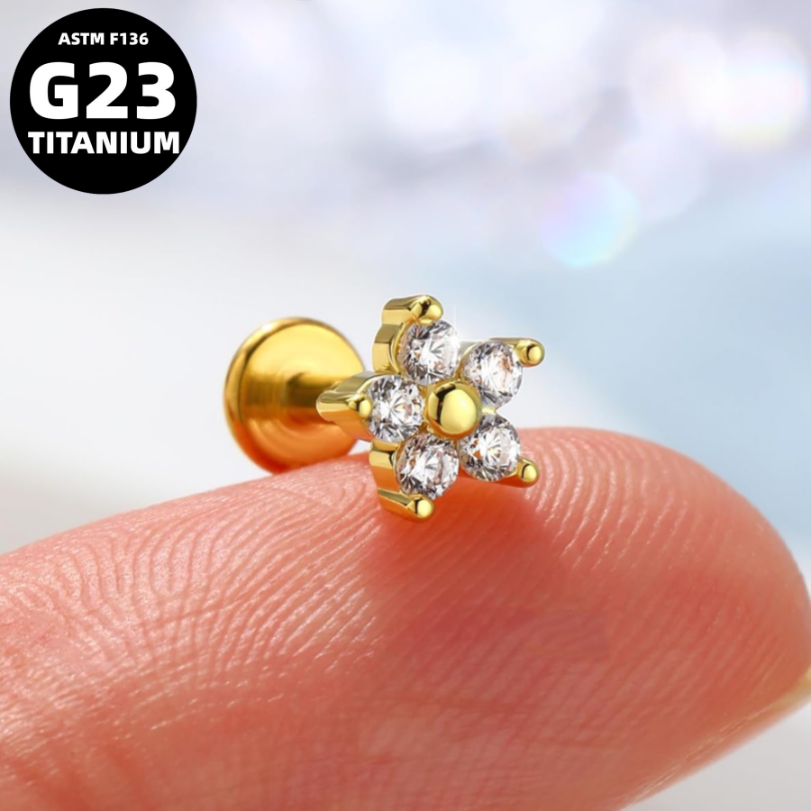 G23 Titanium 18K Gold PVD 16G Internally Threaded 5 CZ Colorful Flower Flat Back Stud