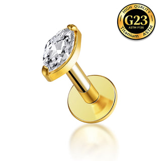 G23 Titanium 18K Gold PVD 16G Internally Threaded Marquise Cut CZ Flat Back Stud
