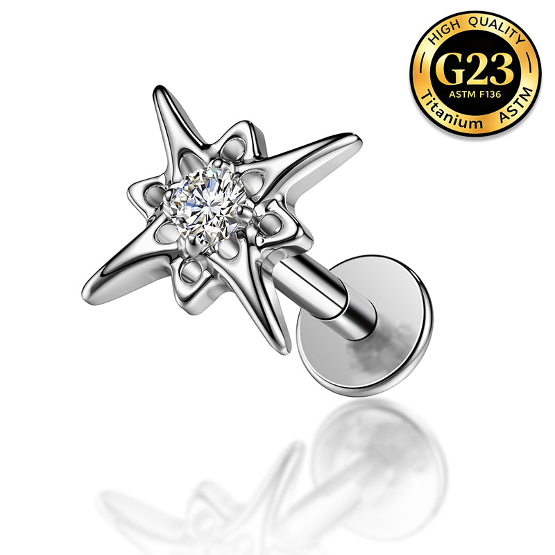 G23 Titanium 16G Internally Threaded High Polish Celestial North Star Silver Flat Back Stud