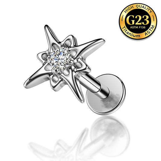 G23 Titanium 16G Internally Threaded High Polish Celestial North Star Silver Flat Back Stud