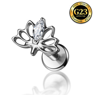 G23 Titanium 16G Internally Threaded High Polish CZ Maple Leaf Silver Flat Back Stud