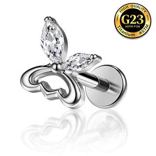 G23 Titanium 16G Internally Threaded High Polish Dainty Open Butterfly Silver Flat Back Stud